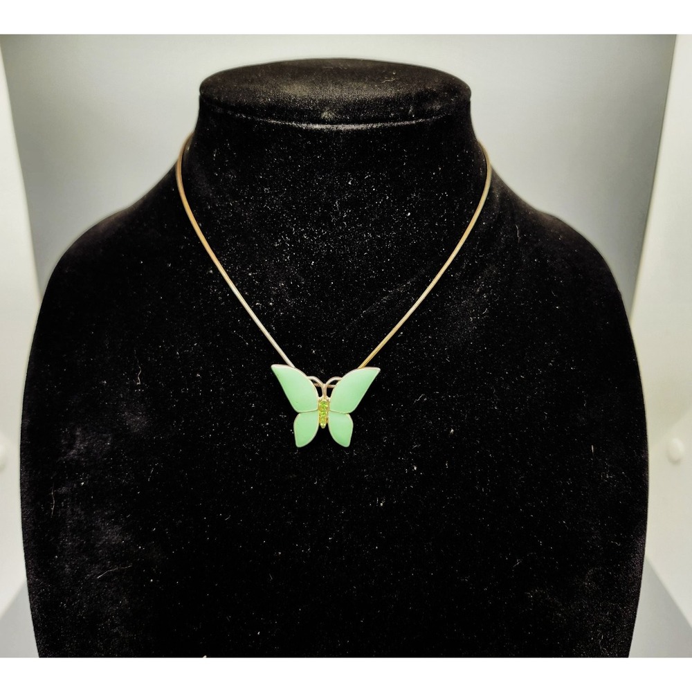 Mint Green Enamel Butterfly Pendant Necklace Adjustable Rhinestone Fashion